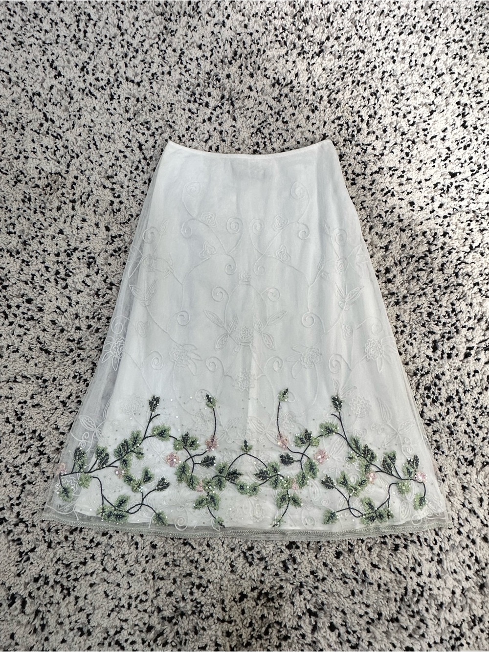 Fairlycore Coquette‎ White Tulle Overlay Midi Skirt Floral Sequin Embroidery